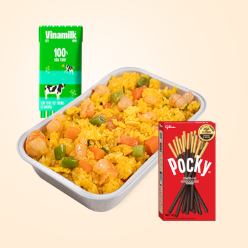 Seafood fried rice + 1 Pocky biscuit sticks + Fresh milk 180ml<br><strong>Price: 120,000 VND</strong>